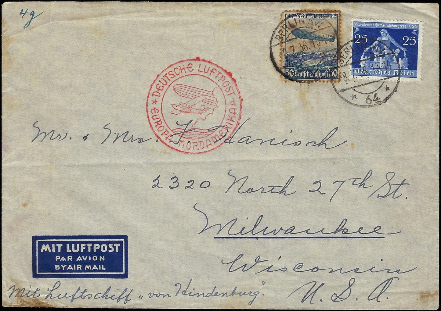 1936 Hindenburg Transported Cover Berlin, Germany to Milwaukee