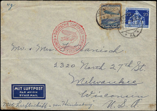 1936 Hindenburg Transported Cover Berlin, Germany to Milwaukee