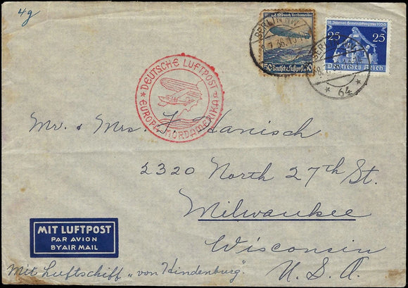 1936 Hindenburg Transported Cover Berlin, Germany to Milwaukee
