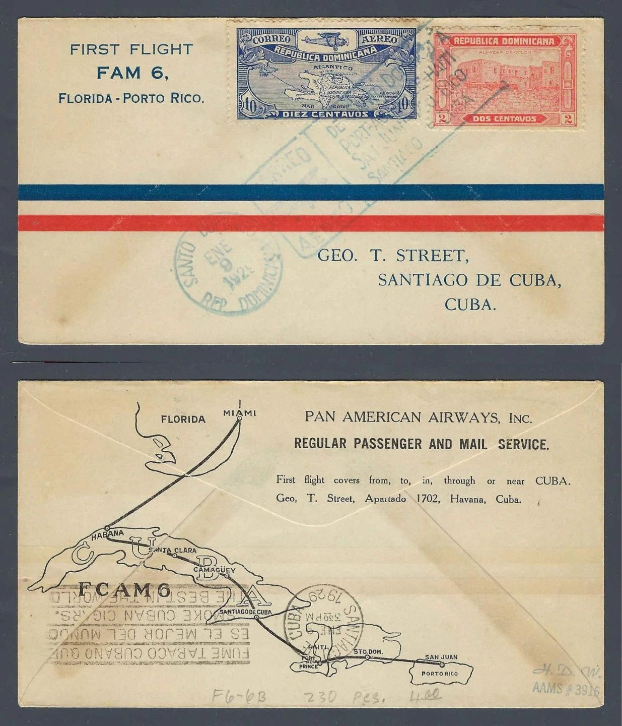 1929 FAM 6 First Flight Cover Santo Domingo Dominican Republic Caribbean Route