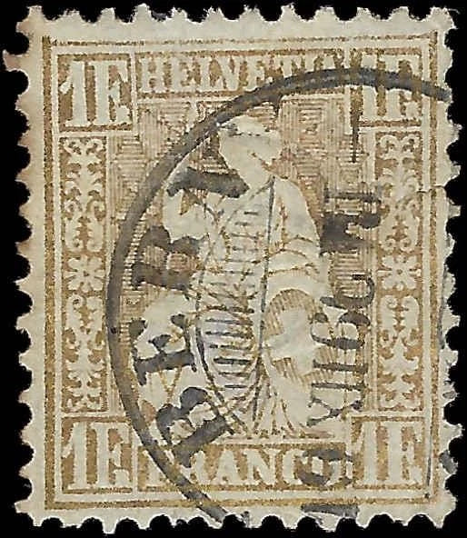 c1862 - Switzerland 1f - Scott # 50, Used - Tear Right Side