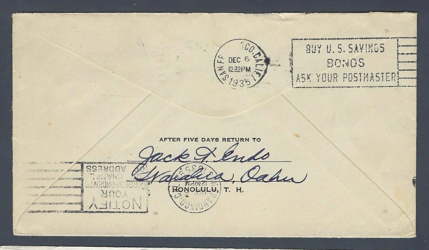 1935 FAM Route 14 First Flight Cover Honolulu to San Francisco C20 Hawaii