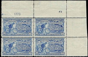 c1902 - #E6 10c Special Delivery Plate Number Corner Block of 4 - MNH, OG - Read