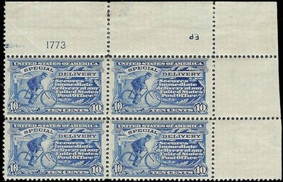 c1902 - #E6 10c Special Delivery Plate Number Corner Block of 4 - MNH, OG - Read