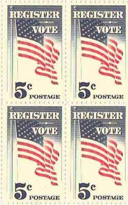 1964 Register/Vote Block of 4 5c Postage Stamps, Scott 1249. MNH, OG