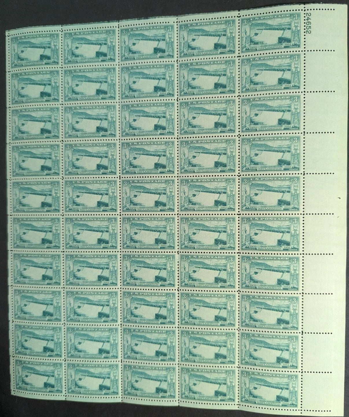 1952 USA Grand Coulee 3c Sheet -Scott 1009 -MNH, Undisturbed OG - No Sig Flaws