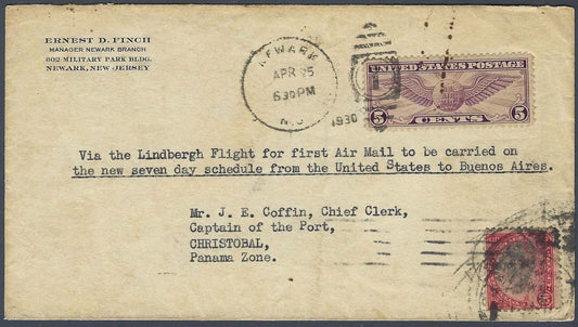1930 US FAM 10 Lindbergh Flight Newark to Buenos Aires 7-Day Airmail Cover