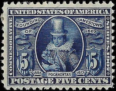 c1907 - Scott 330 5c Jamestown Stamp - MH, OG - Tear Top Edge