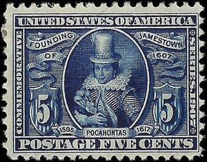 c1907 - Sc# 330 5c Jamestown Stamp - MH, OG - Tear Top Edge