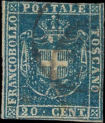 VEGAS - 1860 Tuscany Italy 20c Stamp - Scott 20 - Cat= $180 - Small Tear & Cut