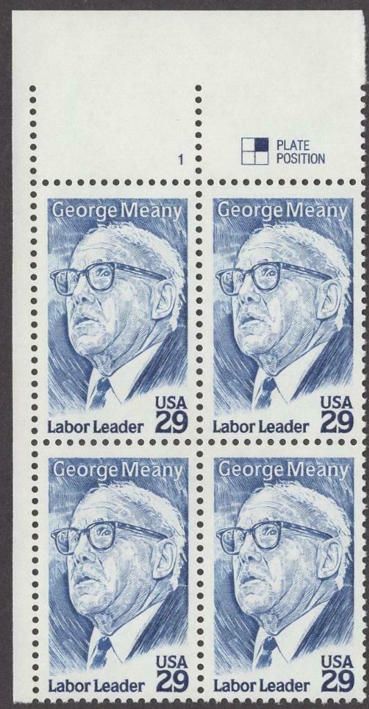 1994 George Meany Plate Block of 4 29c Postage Stamps, Scott 2848, MNH, OG