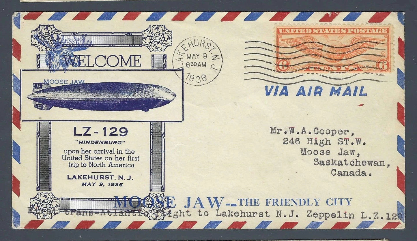 1936 Hindenburg First Flight Lakehurst Arrival Cover to Moose Jaw Canada C19