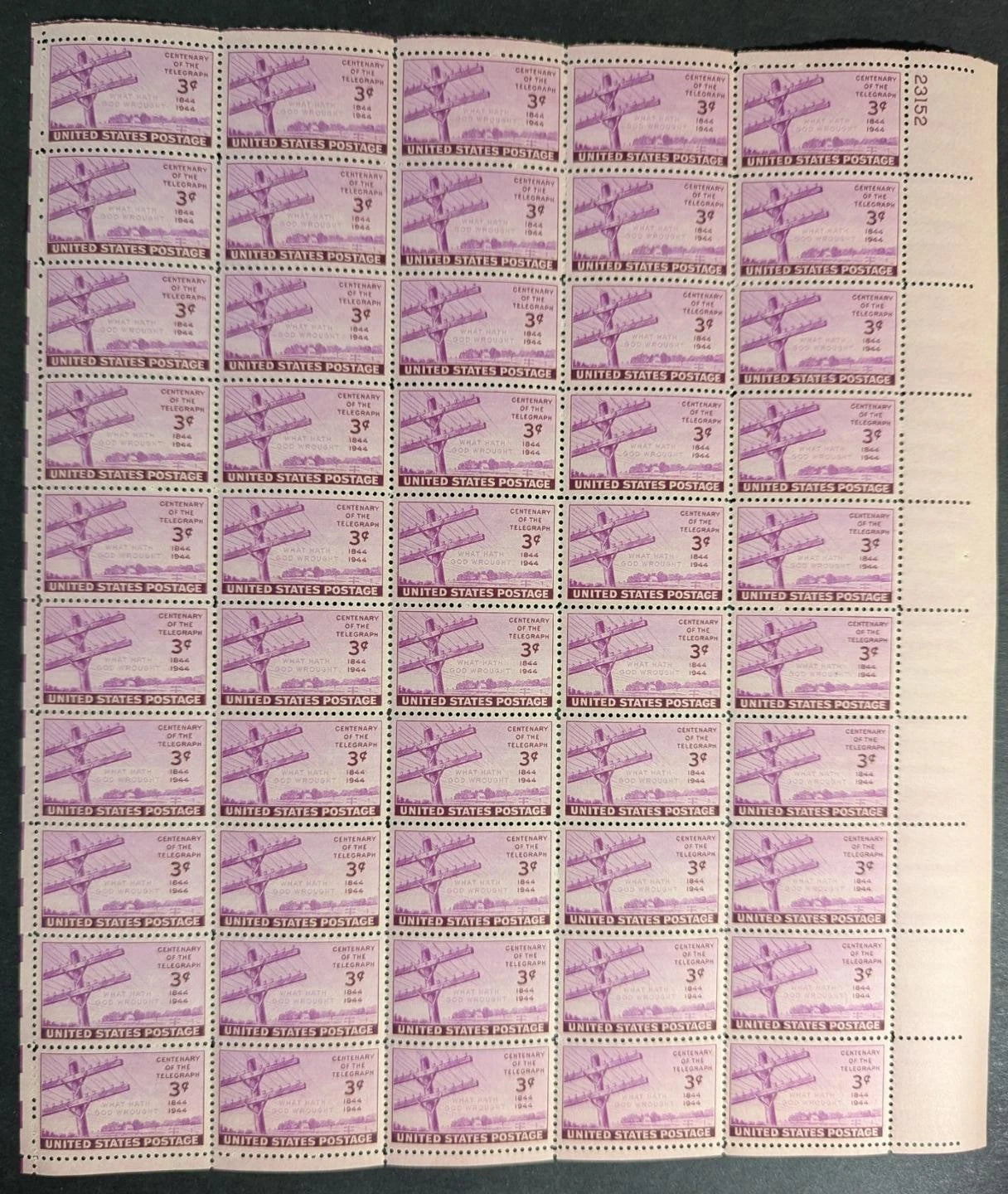 1944 USA Telegraph 3c Sheet - Scott 924 - MNH, Undisturbed OG - No Sig Flaws -2