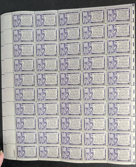 1952 USA Gutenberg Bible 3c Sheet -Scott 1014 -MNH, Undisturbed OG -No Sig Flaws