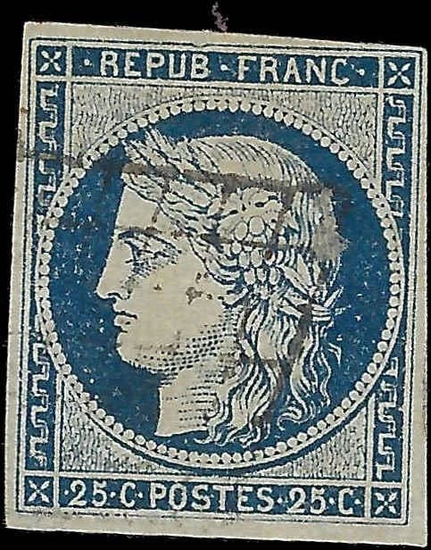 1849 France 25c - Scott 6 - Used - Nice Margins - Solid - Clean, Light Cancel