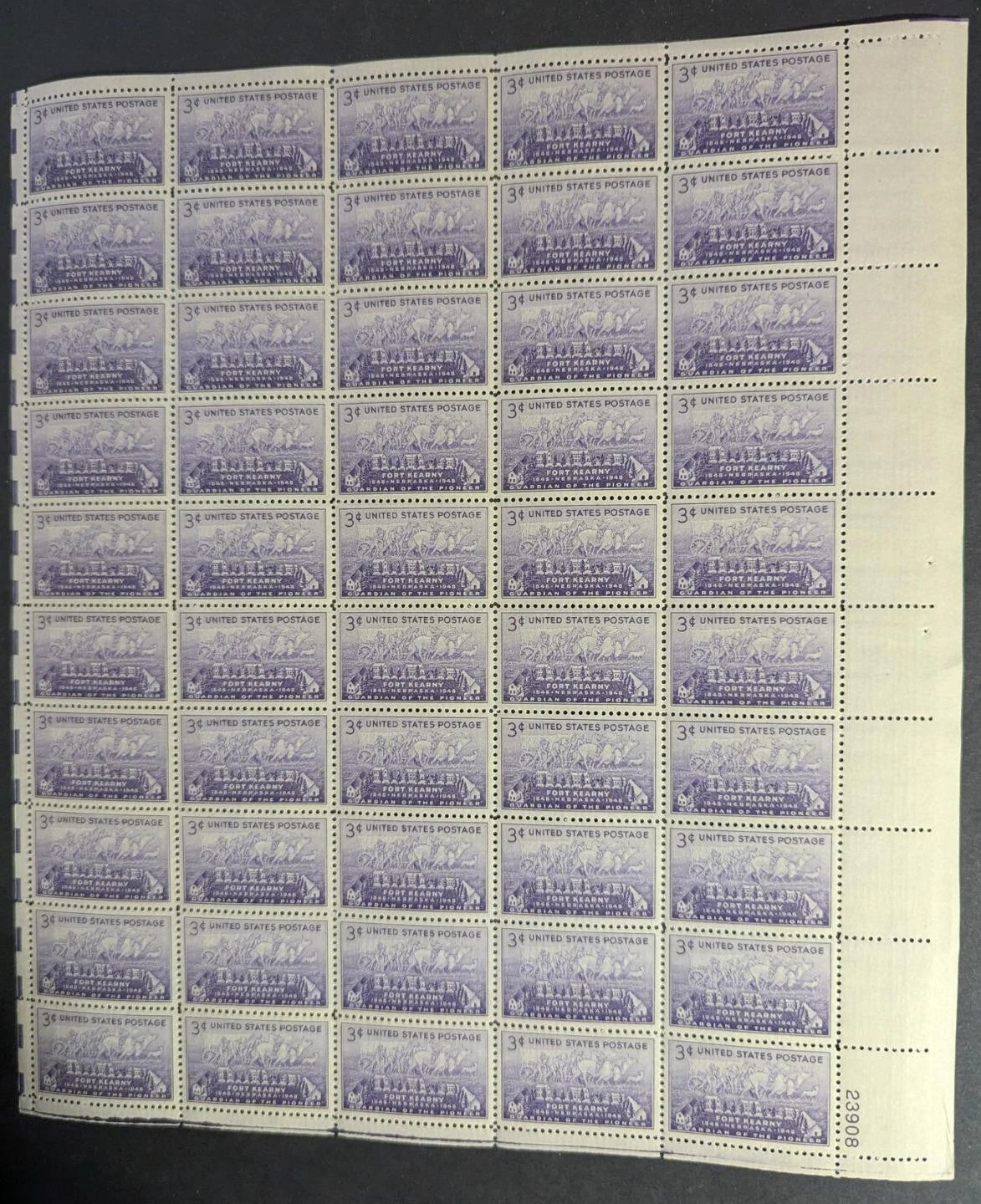1948 USA Ft Kearny 3c Sheet -Scott 970 -MNH, Undisturbed OG -No Sig Flaws