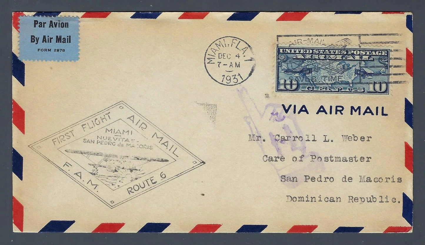 1931 FAM 6 First Flight Cover Miami to San Pedro de Macoris Dominican Republic