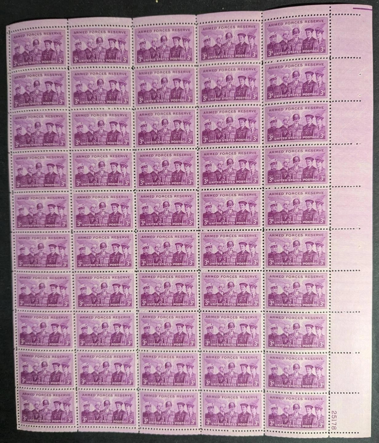 1955 USA 3c Armed Reserve Sheet -Scott 1067 -MNH, Undisturbed OG - No Sig Flaws