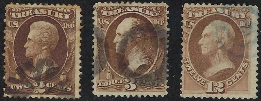 1873 USA Official 2c, 3c, 12c - Scott O73, O74, O78 - Used - No Thins
