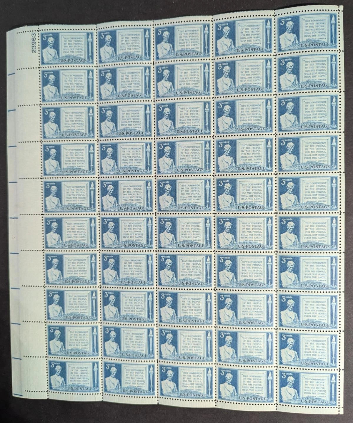1948 USA Lincoln 3c Sheet -Scott 978 -MNH, Undisturbed OG -No Sig Flaws