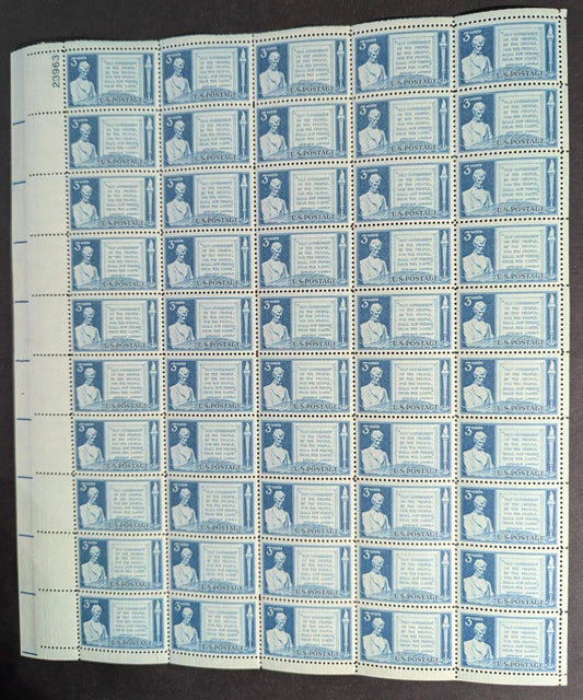1948 USA Lincoln 3c Sheet -Scott 978 -MNH, Undisturbed OG -No Sig Flaws