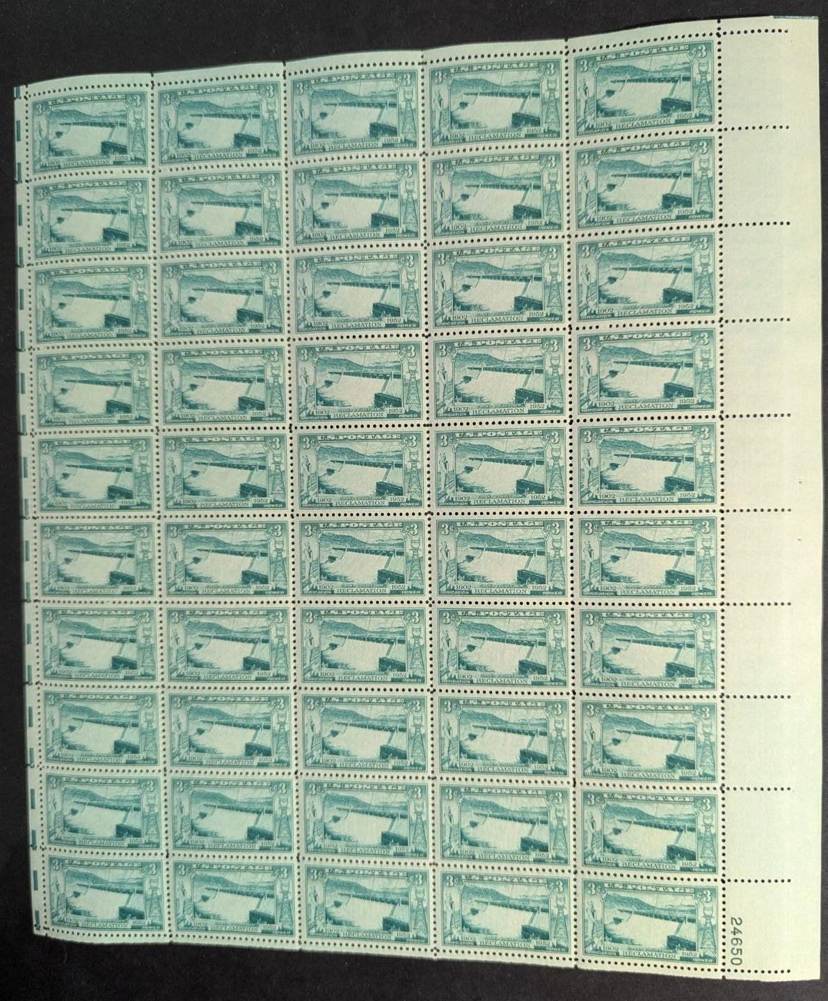 1952 USA Grand Coulee 3c Sheet -Scott 1009 -MNH, Undisturbed OG - No Sig Flaws-2