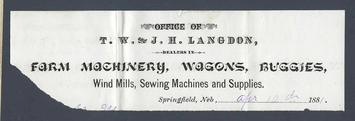1881 T.W. & J.H. Langdon Farm Machinery Advertising Cover Springfield NE