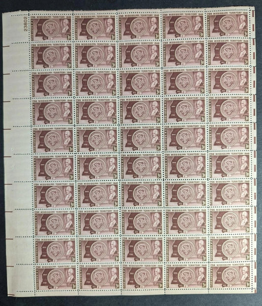 1948 USA Mississippi 3c Sheet -Scott 955 -MNH, Undisturbed OG - No Sig Flaws-2