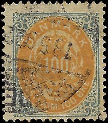 VEGAS - 1877 Denmark - 100o - Scott 34 - Perf 14x13.5 - Small Corner Perf Tear