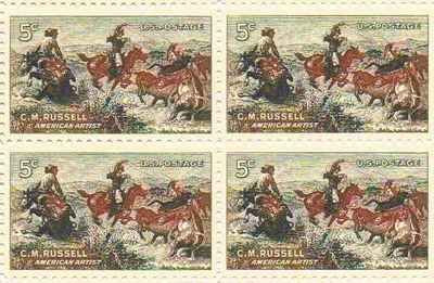 1963 C.M. Russel, American Artist Block of 4 5c Postage Stamps, Scott1243, MNH, OG