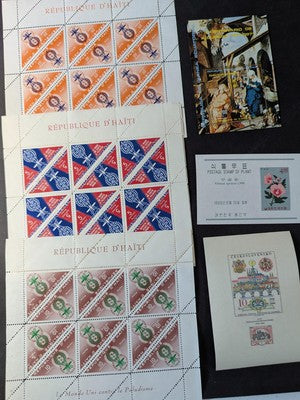 Box of Misc International Stamps, Souvenir Sheets & More - 86 Photos