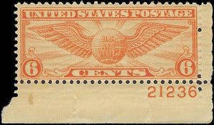 1934 6c Winged Globe Airmail Stamp - Sc# C19 - MNH with Plate Number