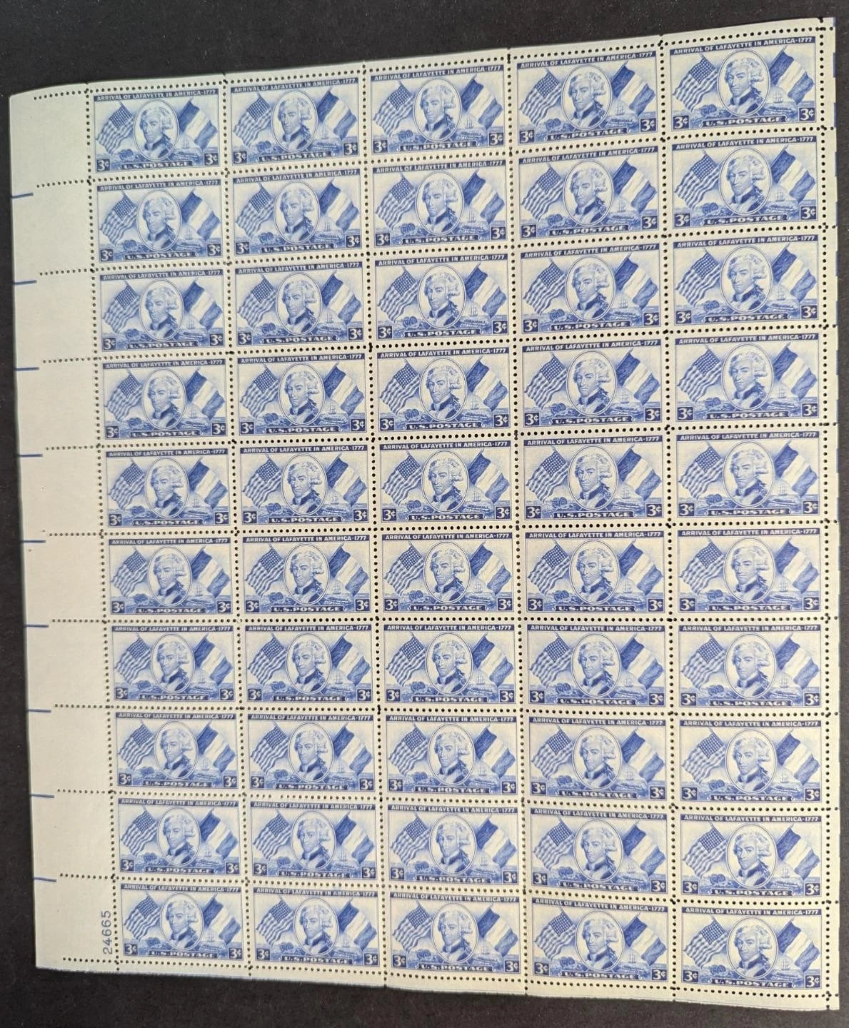 1952 USA Lafayette 3c Sheet -Scott 1010 -MNH, Undisturbed OG - No Sig Flaws