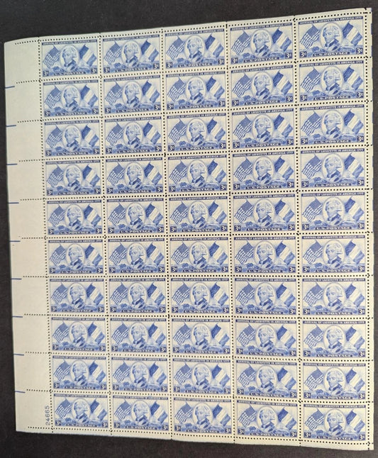 1952 USA Lafayette 3c Sheet -Scott 1010 -MNH, Undisturbed OG - No Sig Flaws