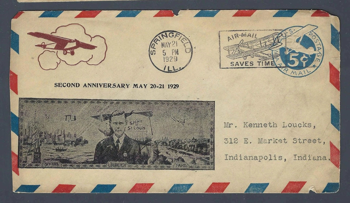 1929 Lindbergh 2nd Anniversary Spirit of St Louis Cachet Cover Springfield IL