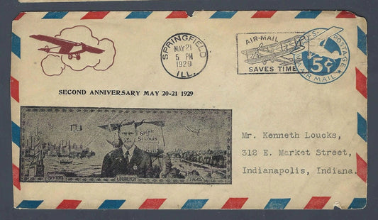 1929 Lindbergh 2nd Anniversary Spirit of St Louis Cachet Cover Springfield IL