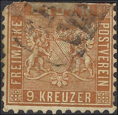 c1862 Baden, Germany 9kr - Scott 17 - with Flaws as Shown - Cat= $72