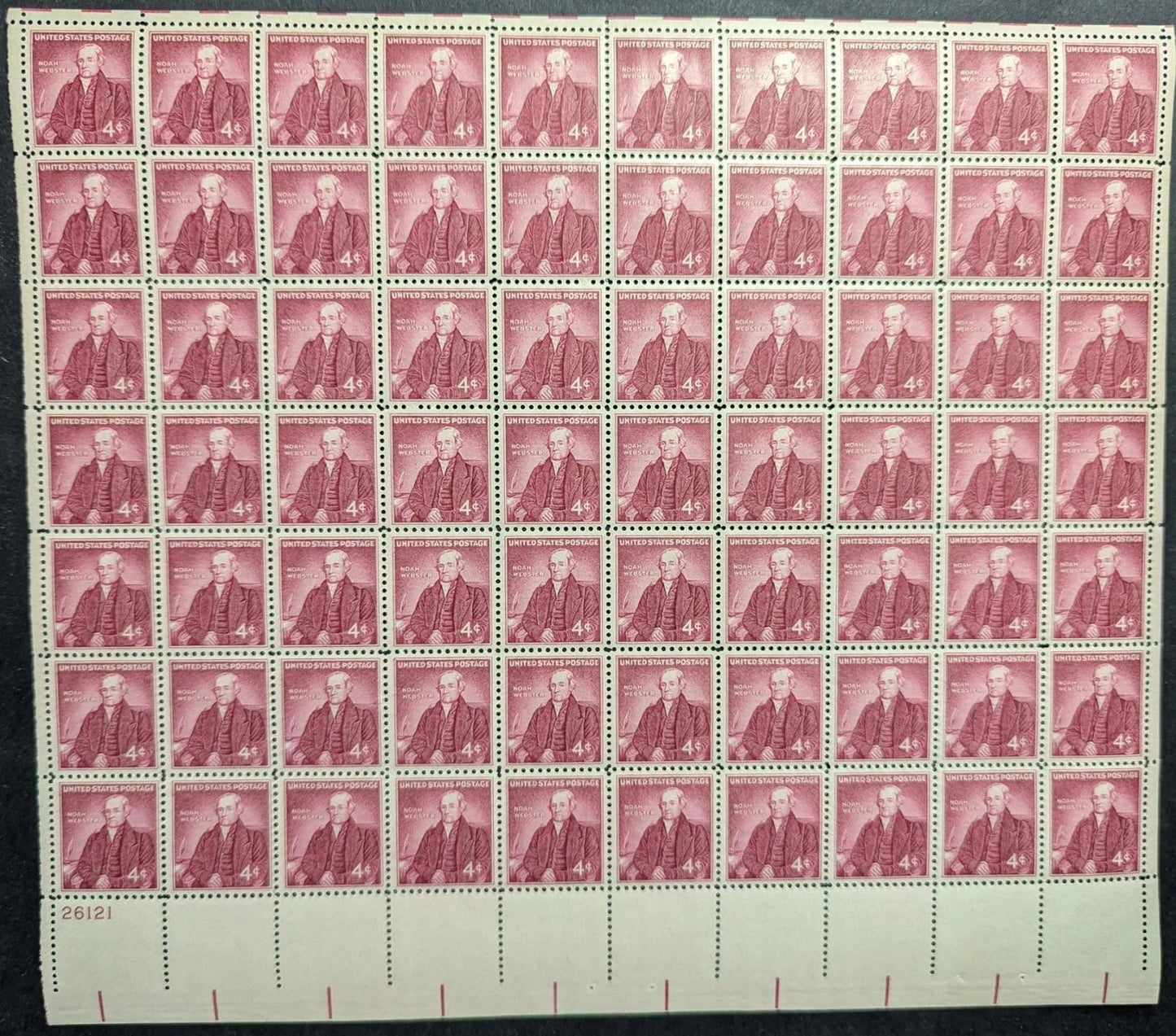 1958 USA 4c Noah Webster Sheet -Scott 1121 -MNH, Undisturbed OG -No Sig Flaws