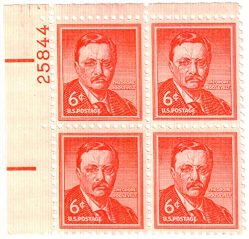 1955 Theodore Roosevelt Plate Block of 4 6c Postage Stamps, Scott 1039, MNH, OG