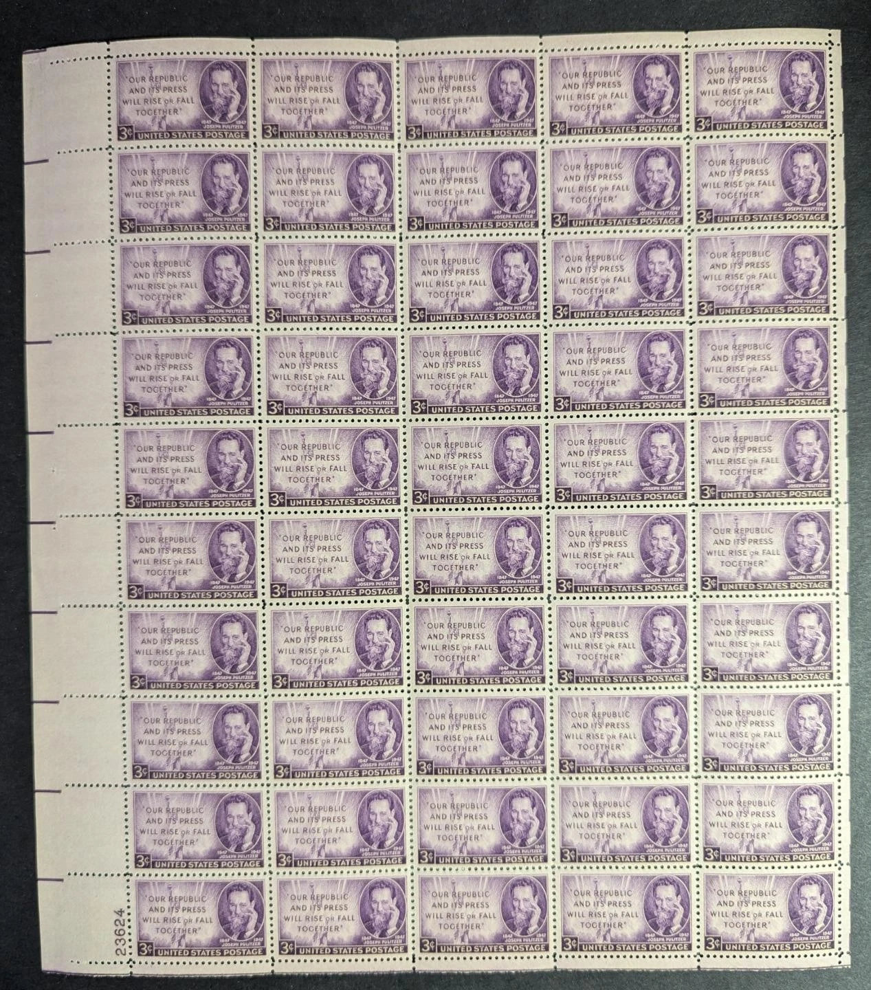 1947 USA Pulitzer 3c Sheet -Scott 946 -MNH, Undisturbed OG - No Sig Flaws