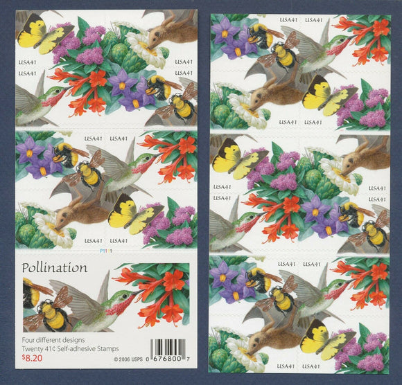 2007 Pollination Flowers Pane of 20 41c Postage Stamps, Scott 4153-4156, MNH, OG