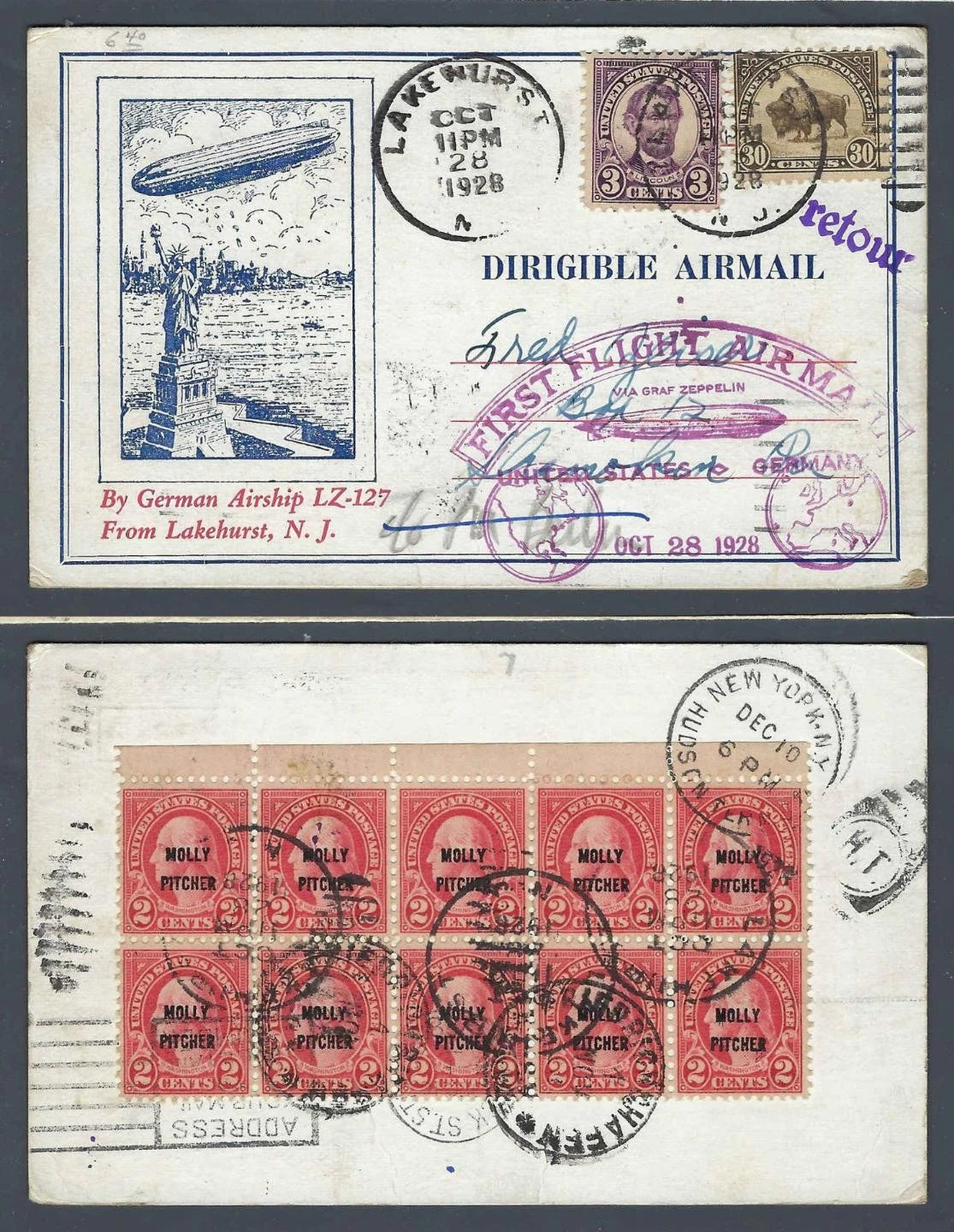 1928 Graf Zeppelin LZ-127 Flight Cover 53c Postcard Rate Molly Pitcher Block