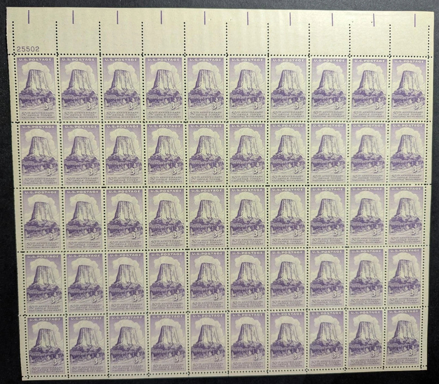 1956 USA 3c Devils Tower Sheet -Scott 1084 -MNH, Undisturbed OG - No Sig Flaws