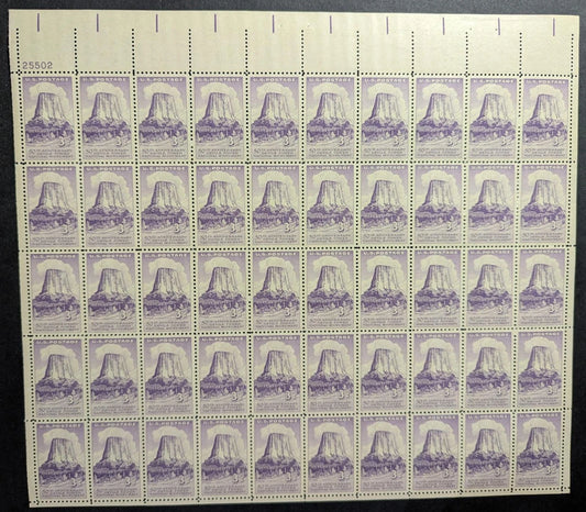 1956 USA 3c Devils Tower Sheet -Scott 1084 -MNH, Undisturbed OG - No Sig Flaws