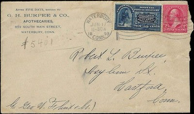 c1899 - Spec Delivery Scott E4 or E5 on Cover - G.H. Burpee Apothecaries Ad Cover