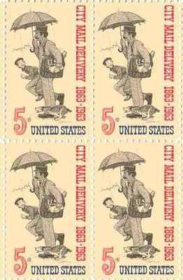 1963 City Mail Delivery Block of 4 5c Postage Stamps, Scott1238, MNH, OG
