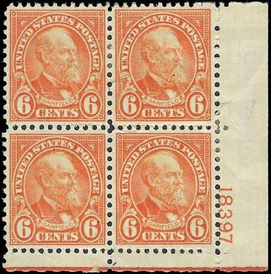 c1927 - Scott 638 President Garfield Plate Block of 4 - MH OG - Crease
