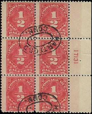 c1925 -#J68 1/2c Postage Due Plate Block of 6 -Canceled But MNH, Undisturbed OG