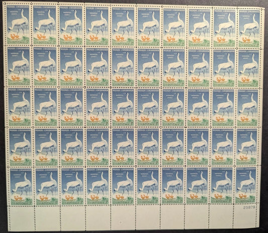1957 USA 3c Whooping Crane Sheet -Scott 1098 -MNH, Undisturbed OG -No Sig Flaws