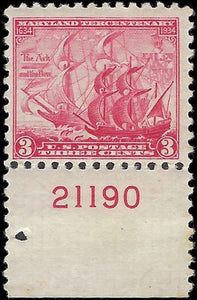 1934 2c Maryland Tercentenary Stamp - Sc# 736 - MH with Plate Number